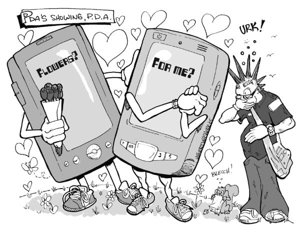 Two PDAs show each other PDA, while the writer holds back vomit.